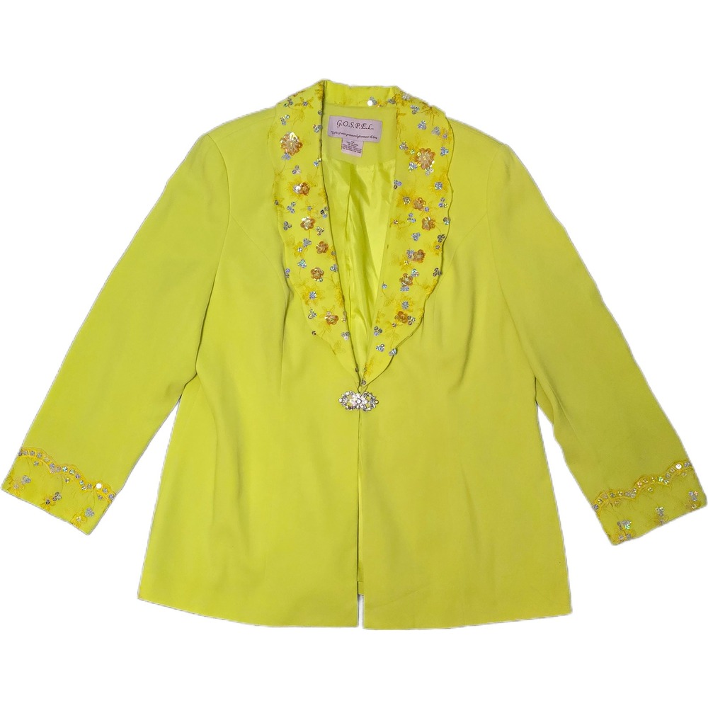 GOSPEL Blazer Womens 16W Lime‎ Yellow Good Embroidered Sequin Rhinestone Brooch